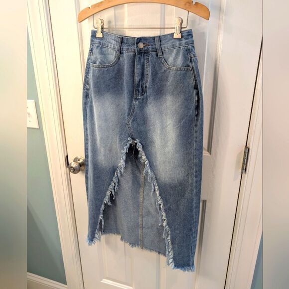 Distressed Denim Midi Skirt Raw Edge High Slit Small - Picture 3 of 8